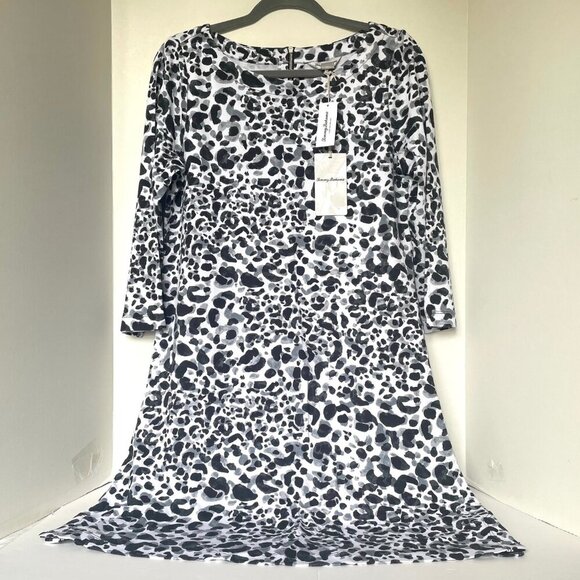 Tommy Bahama Shift Dress Medium Black Leopard White Scoop Neck Stretch - Picture 2 of 9